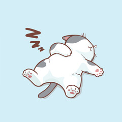 A cute, chubby cartoon cat with gray and white fur is lying on its back, peacefully sleeping. Its paws are relaxed, and a 