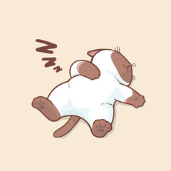 A cute, chubby cartoon cat with chocolate and white fur is lying on its back, peacefully sleeping. Its paws are relaxed, and a 