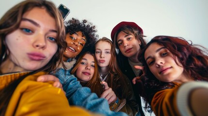Picture a group of friends taking a selfie against a white backdrop. 