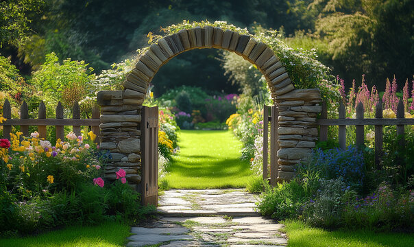 Stone fence with a low, round archway at the entrance, blending rustic craftsmanship with classical architectural appeal.