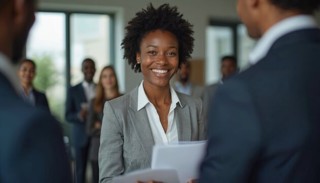 Smiling african businesswoman in front of group. Young ceo holds documents, conference participants blurred. Leadership, success, corporate communication, diversity, inclusion at seminar, workshop