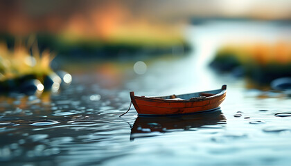 Fototapeta premium Serene boat on calm waters nature scene tilt-shift photography tranquil environment close-up viewpoint peaceful concept
