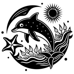 a black and white line drawing of a dolphin leaping gracefully silhouette vector art 