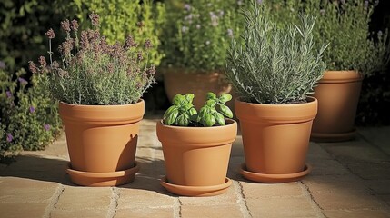 Herb Garden with Terracotta Pots and Aromatic Plants