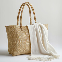 Woven straw bag with handles and white scarf draped over it, showcasing natural and stylish look. Perfect for summer outings or beach trips