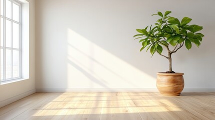 Sunlit Minimalist Room with Green Plant against a White Wall and Light Wood Floor