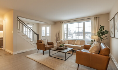 Fototapeta premium Spacious open-concept living area featuring beige walls, leather accents, and contemporary design for modern homes