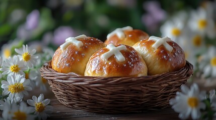 easter good friday homemade hot cross buns in a basket on a wooden table