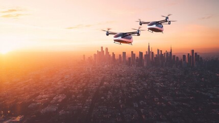 Fototapeta premium Electric air taxis flying over an eco-friendly city at sunset. Featuring advanced technology and renewable energy