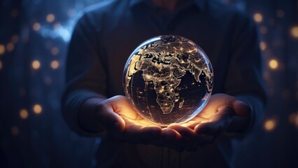 Fototapeta premium A hand is shown in a dark, abstract background gently holding an illuminated globe.