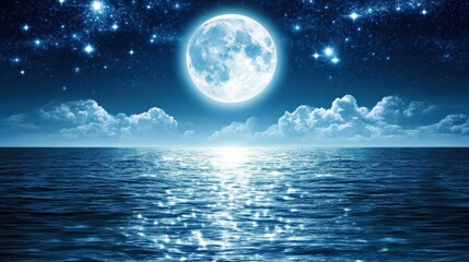 Serene Sea Under Glowing Moonlight and Stars