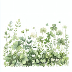 Irish St Patrick watercolor Lush Green Clover Patch A soft watercolor illustration