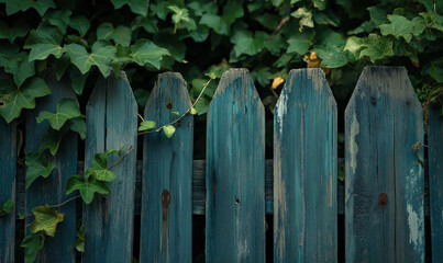 Fototapeta premium Weathered broken fence with ivy creeping over its structure, exuding decay and rustic outdoor charm