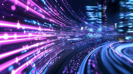 Obraz premium A futuristic tunnel with vibrant purple and pink lights, digital data points, and a blurred cityscape. Perfect for tech, innovation, and smart city themes.