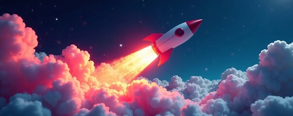 Abstract holographic rendering of rocket ship taking off in virtual reality, holographic, launch, future