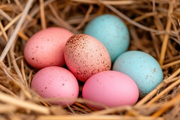 Colorful Easter Eggs Nestled in Straw: Pastel Pink, Blue, and Speckled Delight