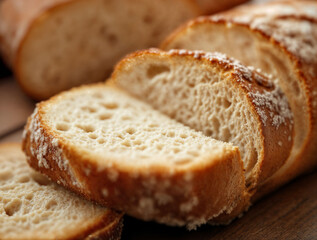 Close up of a sliced artisan loaf with a golden crust.