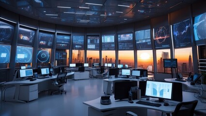 A modern, high-tech control room with multiple computer workstations arranged in rows.