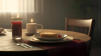 Romantic Candlelit Dinner Setting with Cake and Drink