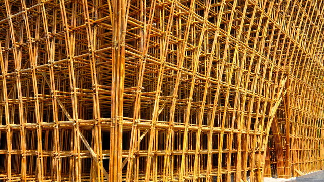 The dense structure of the Welcome Building built using 42,000 pieces of bamboo at Grand World Phu Quoc resort in Phu Quoc, Vietnam