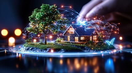 Fototapeta premium Enchanting winter wonderland scene featuring a cozy cottage nestled in a snowy landscape