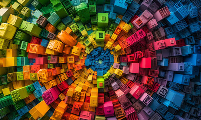 Fototapeta premium High-angle view showcasing vibrant rainbow-colored building blocks, inspiring creative construction and innovative architectural design concept