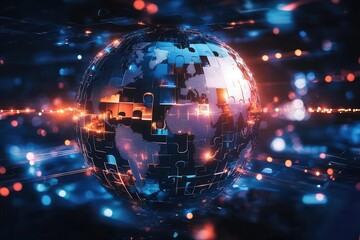 Obraz premium an intricate 3d puzzle globe where each piece represents different business sectors, floating in space with glowing connections