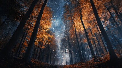Magical forest scene with glowing trees and a starry sky