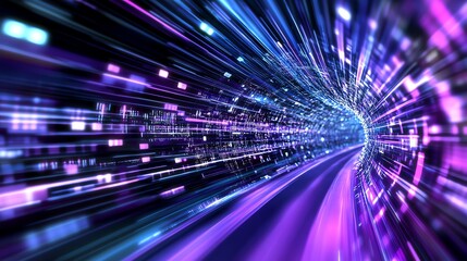 A futuristic tunnel with vibrant purple and pink lights, digital data points, and a blurred cityscape. Perfect for tech, innovation, and smart city themes.