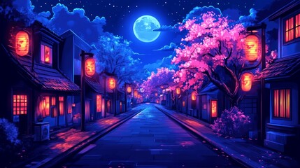 Night Cherry Blossom Avenue With Traditional Japanese Lanterns Under A Radiant Moon.