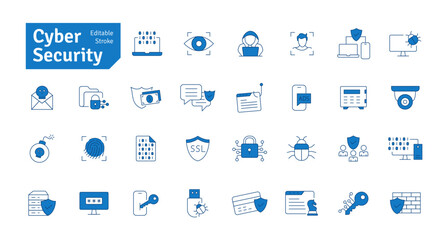Cyber Security Blue Line Icons Set. Cybercrime, Cyberspace, Shield, Protection, Technology, Defense, Antivirus, Hacker Icons Editable Stroke Vector Illustration