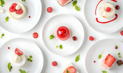 Delicious Desserts with Fresh Berries and Mint Leaves on White Plates