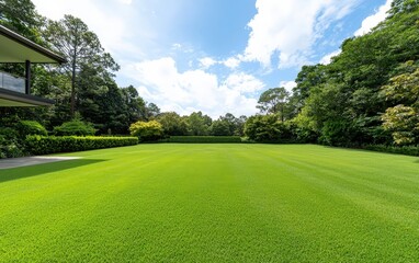 Obraz premium A well-maintained lawn in a home setting with lush green grass offering a beautiful outdoor space for relaxation