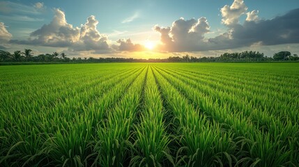 Naklejka premium Lush rice paddy field at sunset (1)