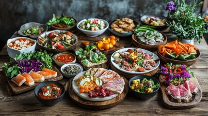 Fototapeta premium Vibrant Dining Table Spread with Colorful Assortment of Delicious Foods Perfect for Gathering and Feasting