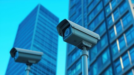 Security cameras in front of modern buildings. Concept of surveillance, security, and monitoring.