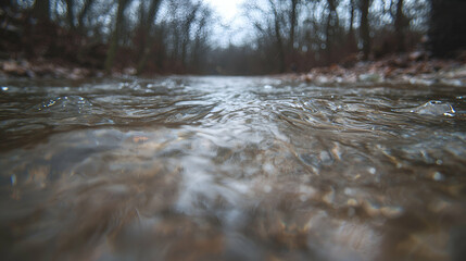 Fototapeta premium Low-angle view of stream flowing through winter woods