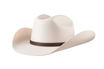 Cowboy hat with a brown band is shown on a white background, isolated