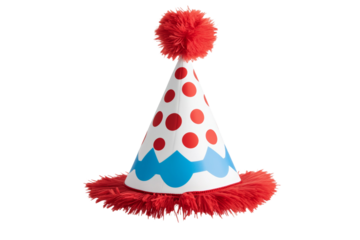 Red and white party hat with red and blue polka dots, isolated