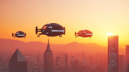 Fototapeta premium Electric air taxis flying through a clear sky above a futuristic city at sunset. Featuring speed and innovation