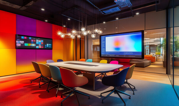 Creative tech collaboration suite featuring dynamic meeting room design, fostering teamwork and technological innovation