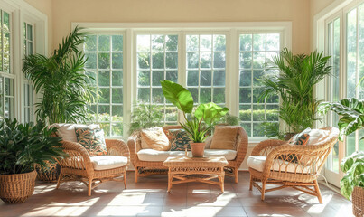 Obraz premium Bright sunroom with wicker furniture and tropical plants, creating a sunny retreat filled with natural beauty