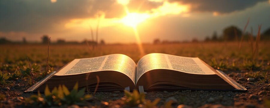 Open bible on ground at sunrise. Book of scriptures with sunlight shining through pages on golden field. Divine inspiration, religious education, faith, christianity, spirituality concepts. Bible