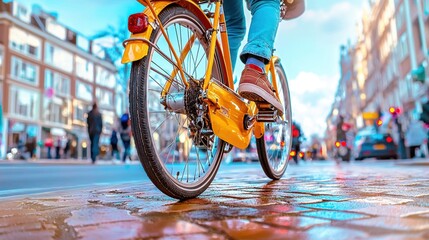 person riding yellow bicycle on city street, showcasing urban life and vibrant surroundings