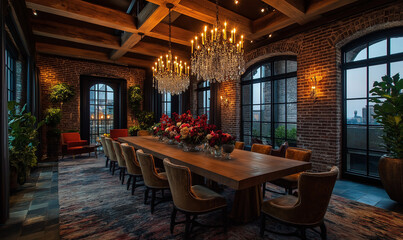 Penthouse dining room with a long wooden table, creating an elegant and spacious setting for formal meals and gatherings