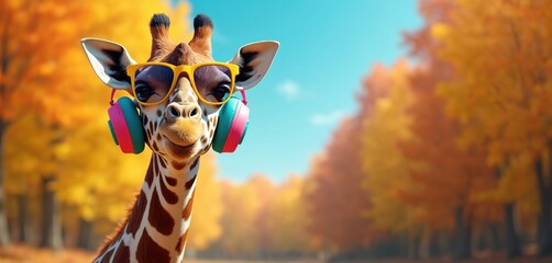 Portrait of giraffe wearing sunglasses and headphones against vibrant autumn background. Playful animal with character enjoys music. Head shot of cool exotic mammal in sunny autumn scenery.