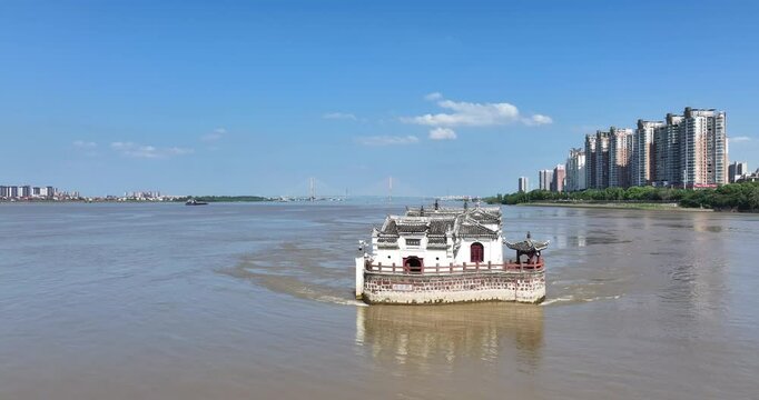 aerial video of Guanyin pavilion landscape during the Yangtze river flood season, Ezhou city , Hubei province,  Chinese characters on the ancient building: Guanyin pavilion