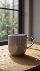 A white mug of hot coffee and green tea on a brown wooden table for a morning break