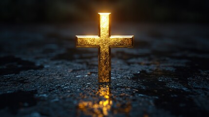 golden cross on a black background 3d rendering computer digital drawing