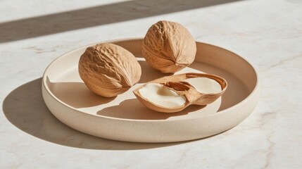 Natural walnuts on a plate with a broken shell and sunlight glow